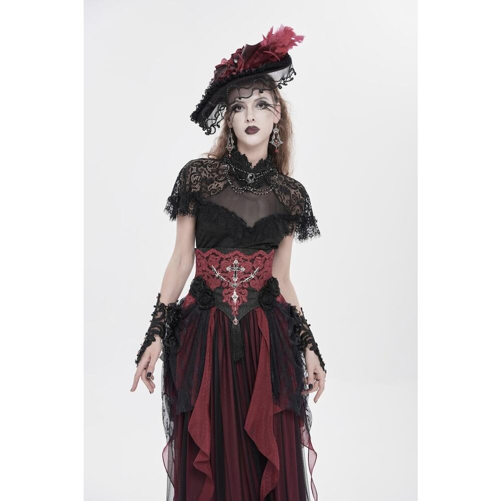 Devil Fashion Gothic Victorian Vampire Red Black Rose Cross Cincher Overskirt - Picture 11 of 13